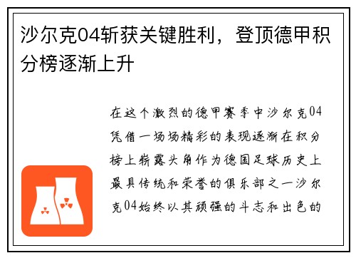 沙尔克04斩获关键胜利，登顶德甲积分榜逐渐上升